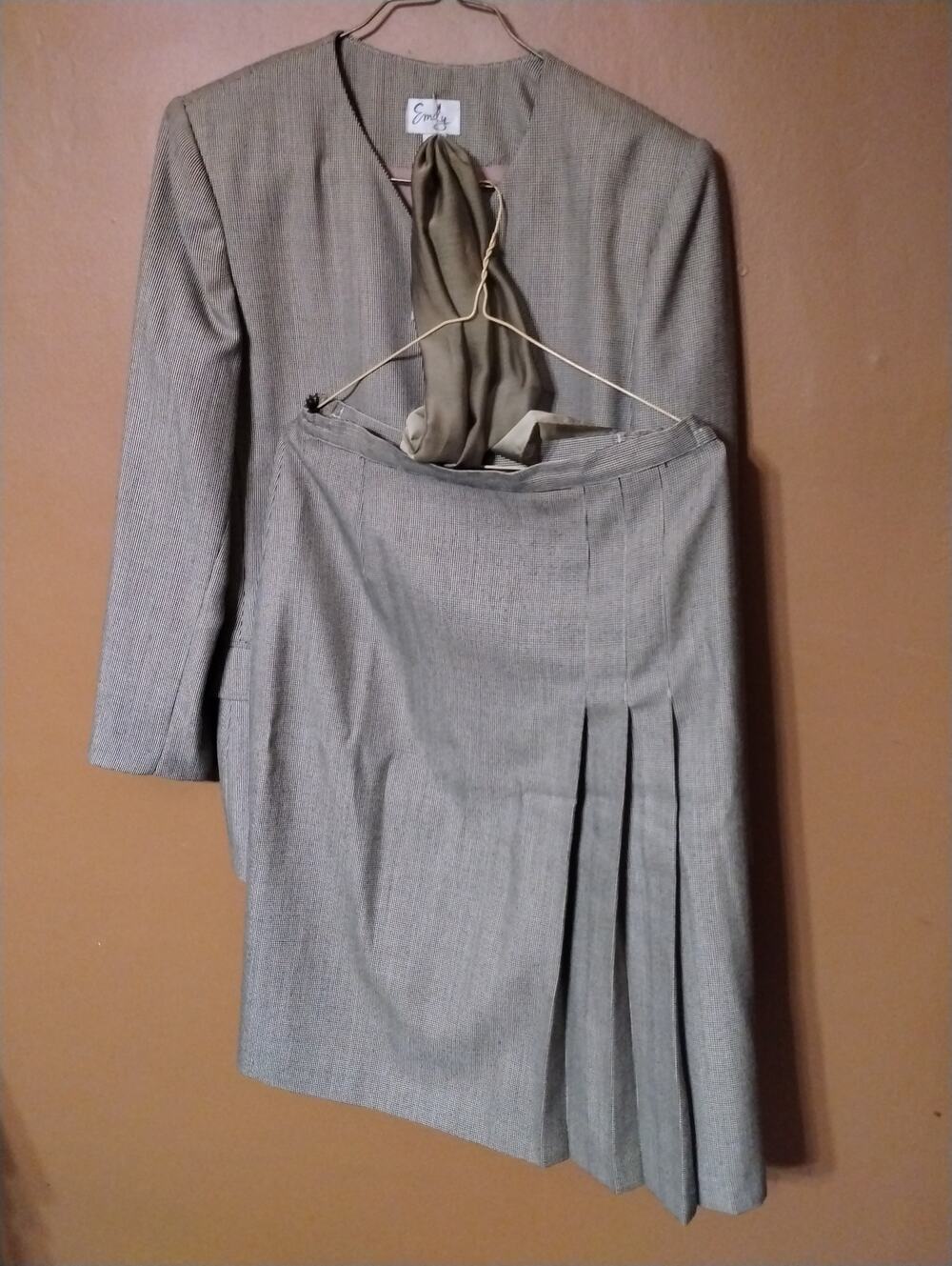 EMILY 2PC Tweed Polyester Rayon Pleated Lined Skirt Suit 12
